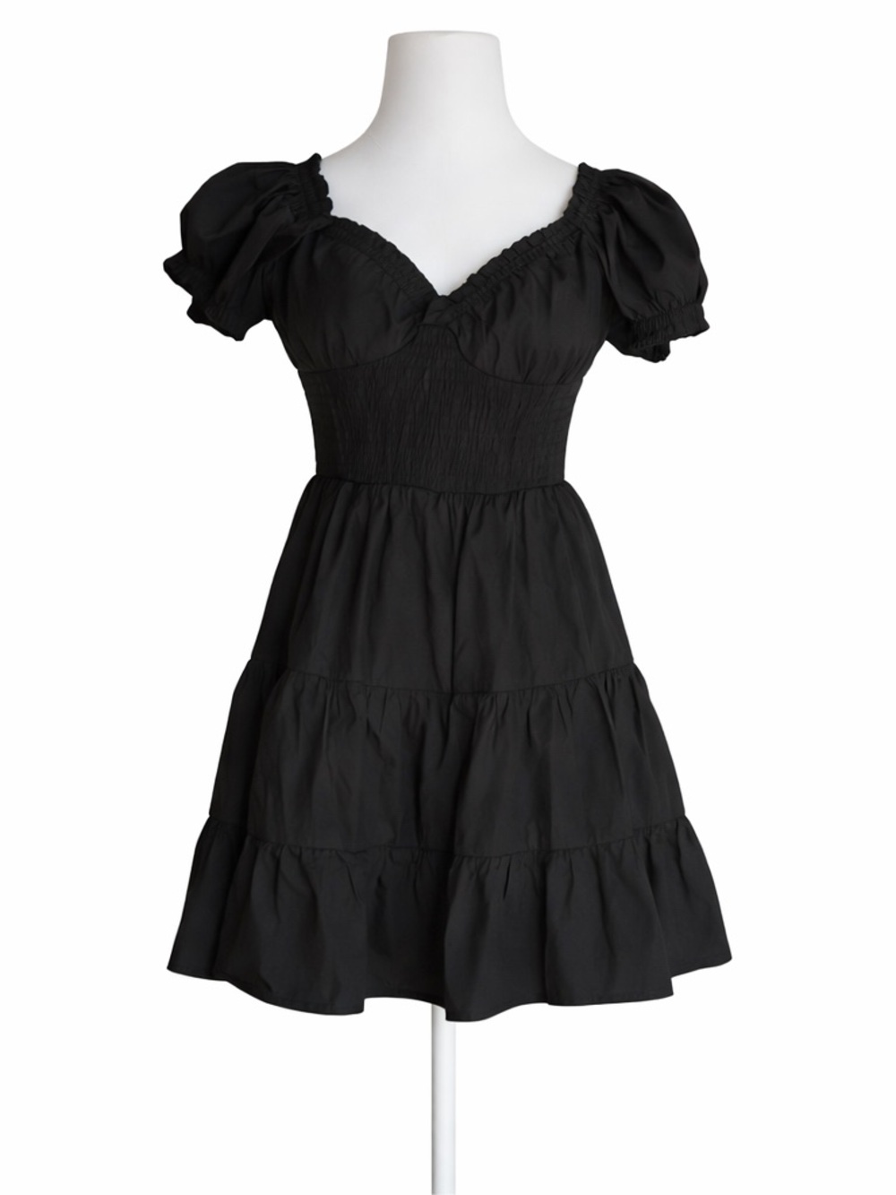Princess Polly Black Mini Dress Size 10 Milkmaid Smocked Puff Sleeve Tiered - Picture 1 of 9